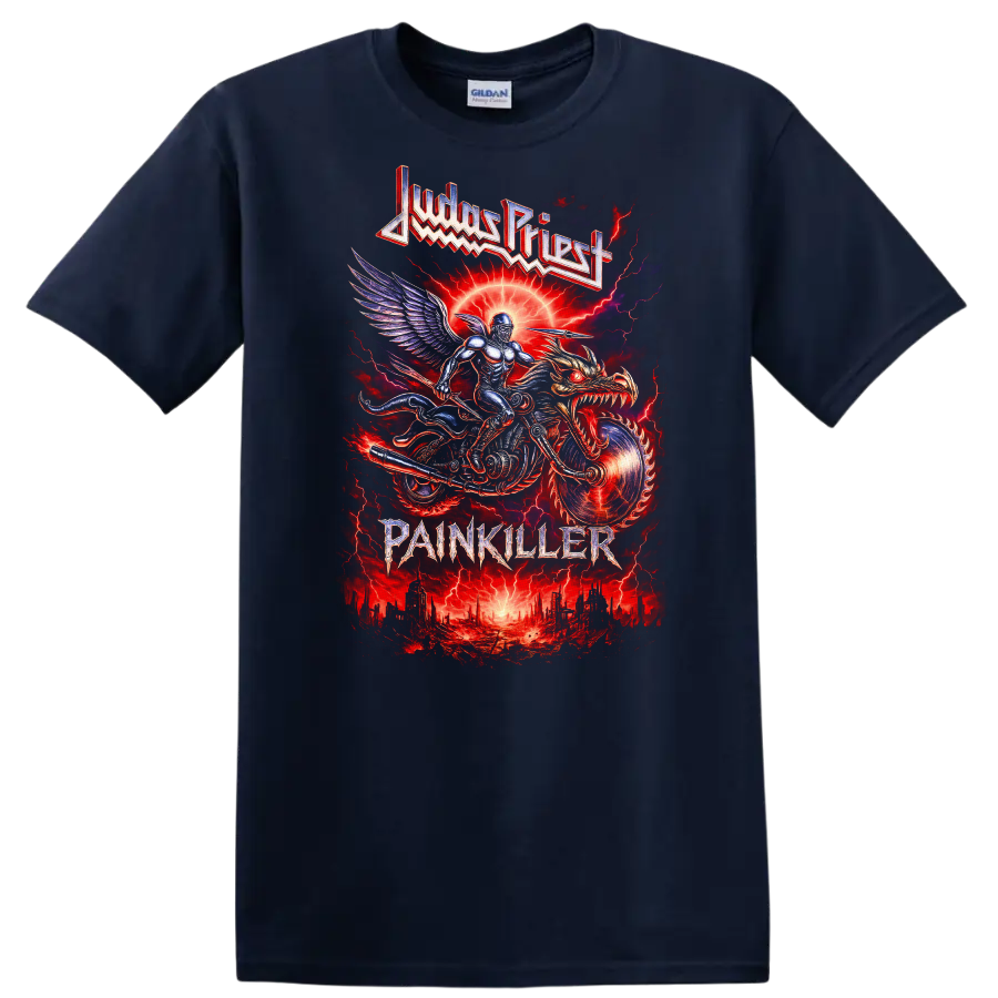 Judas Priest Painkiller Retro Heavy Metal Album Cover T Shirt - Navy (Blue)