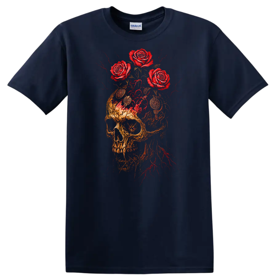 Retro Rock Skull and Roses Heavy Metal Graphic T Shirt - Navy (Blue)
