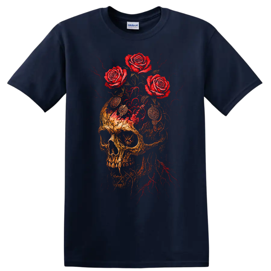Vintage classic rock skull with roses graphic print T Shirt on a Navy (Blue) T Shirt