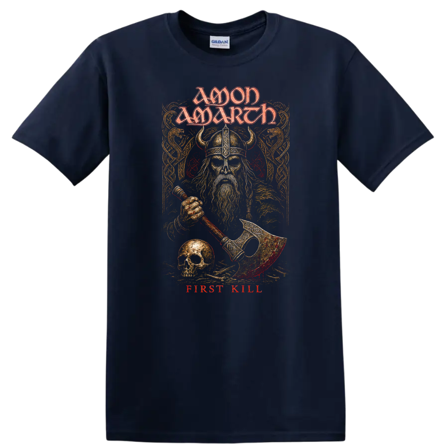 Moon March First Kill Viking Heavy Metal Retro Rock T Shirt - Navy (Blue)
