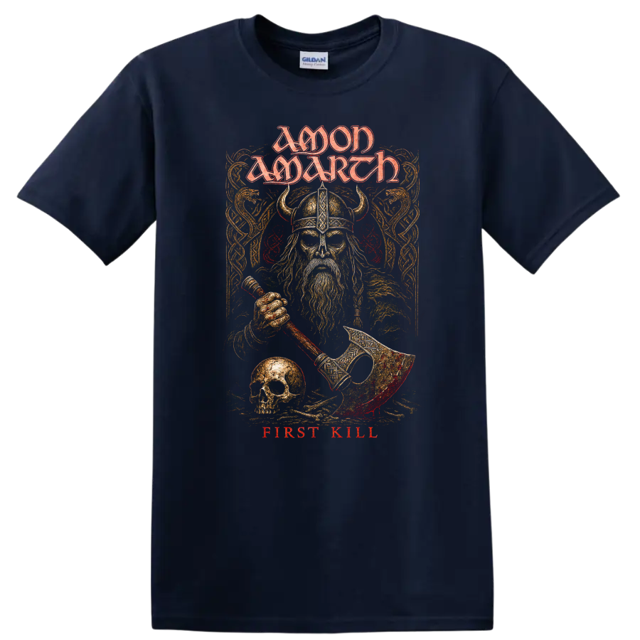 Amon Amarth First Kill T Shirt with Viking warrior design on a Navy (Blue) T Shirt