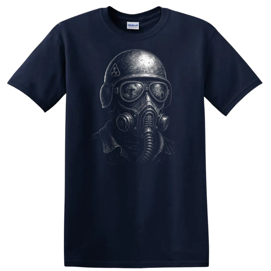 Retro Heavy Metal Gas Mask Skull T Shirt Vintage Rock Album Cover Style - Navy (Blue)