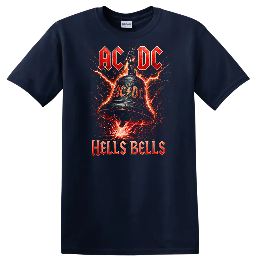 AC/DC Hells Bells Retro Heavy Metal Lightning T Shirt - Navy (Blue)