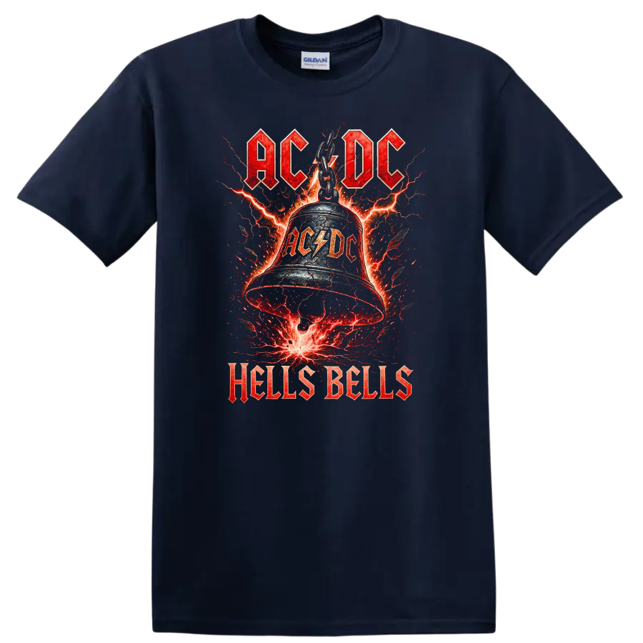 AC/DC Hells Bells Retro Heavy Metal Lightning T Shirt on a Navy (Blue) T Shirt