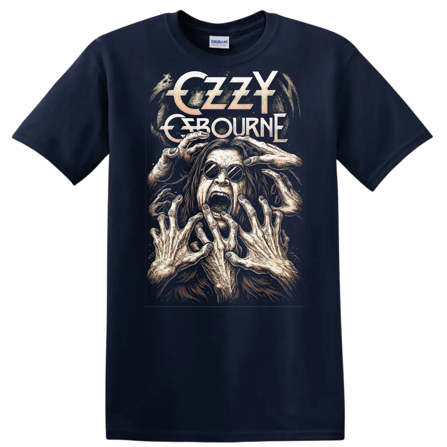 Creepy Retro Rock Legend Horror Face Album Cover Style T Shirt - Navy (Blue)