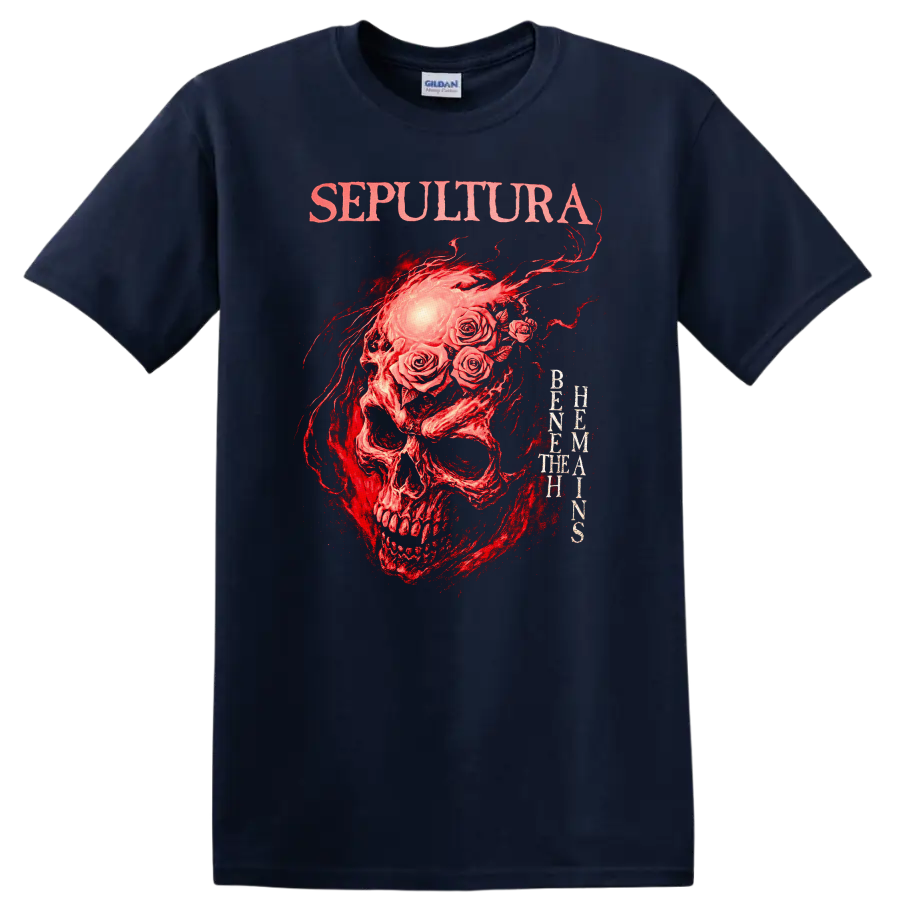 Sepultura Skull Roses Retro Heavy Metal Band Album Cover T Shirt - Navy (Blue)