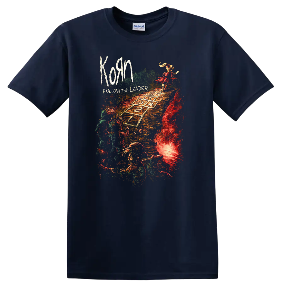 Korn Follow the Leader Retro Heavy Metal Album Art T Shirt - Navy (Blue)