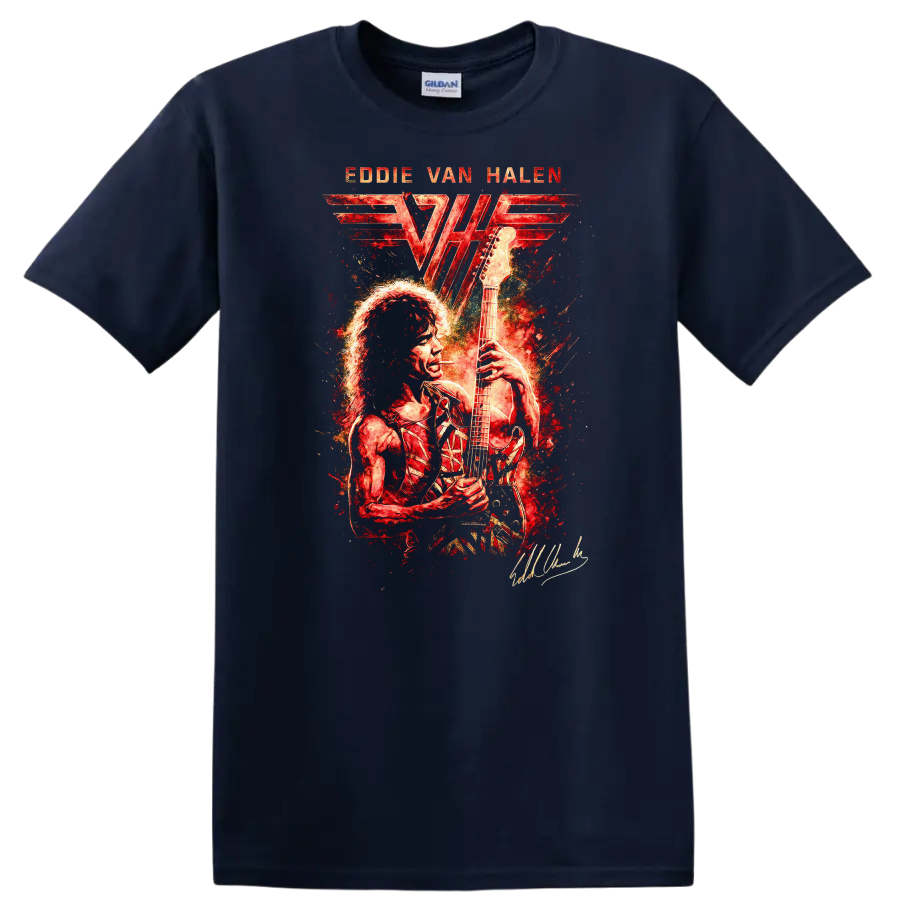 Eddie Van Halen Retro Rock Heavy Metal Album Art T Shirt - Navy (Blue)