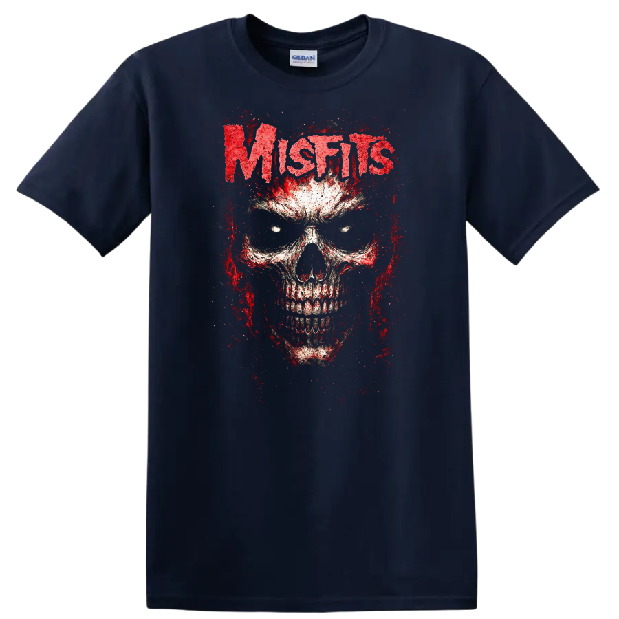 Mistis Blood Skull Retro Heavy Metal Rock Band T Shirt - Navy (Blue)