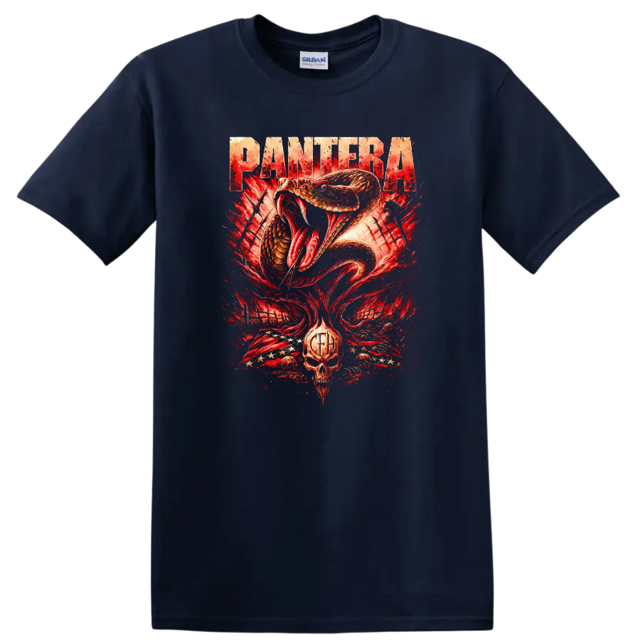 Pantera Retro Heavy Metal Snake Skull T Shirt Album Cover Style - Navy (Blue)