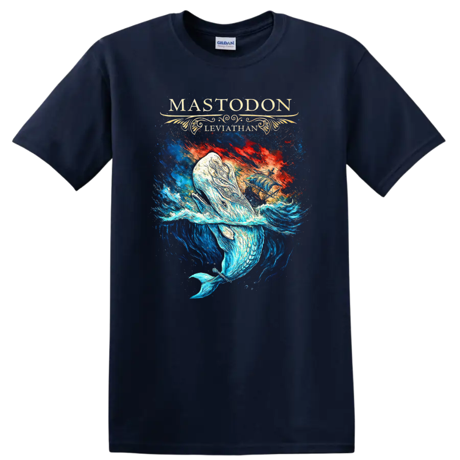 Mastodon Leviathan Retro Heavy Metal Album Art T Shirt on a Navy (Blue) T Shirt