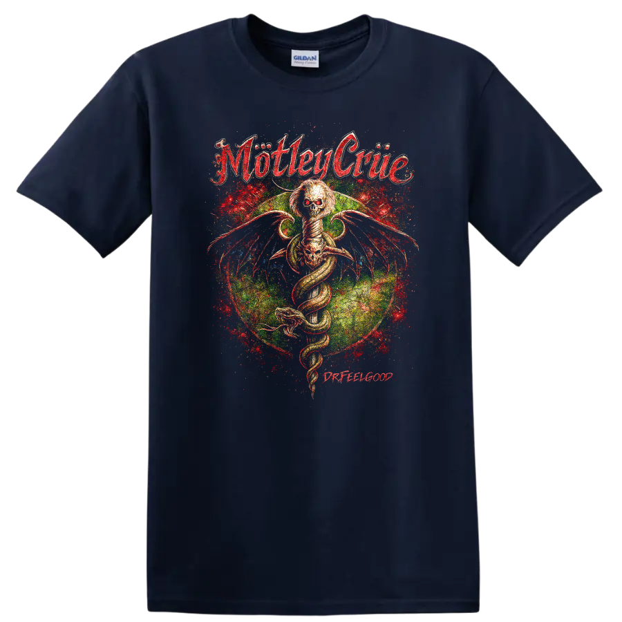 Motley Crue Retro Heavy Metal Album Cover Legend Style T Shirt - Navy (Blue)