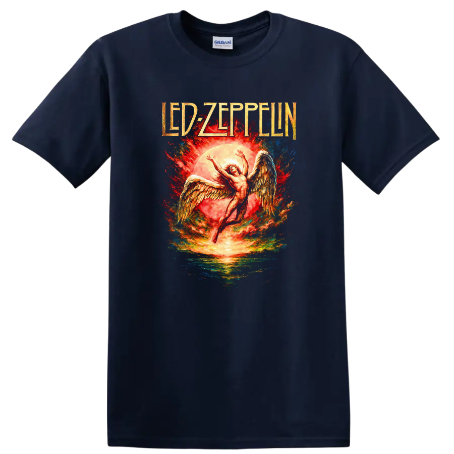 Led Zeppelin Retro Heavy Metal Album Cover Legend Style T Shirt - Navy (Blue)