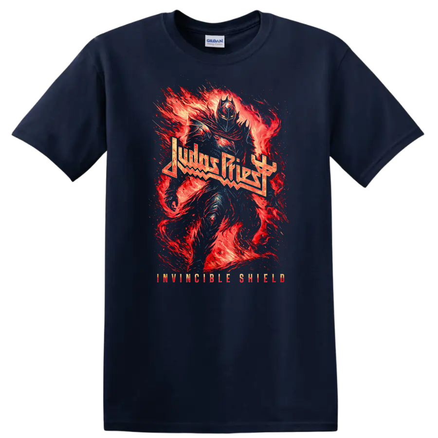 Judas Priest Heavy Metal Flame Art T Shirt Retro Rock Band Tribute - Navy (Blue)