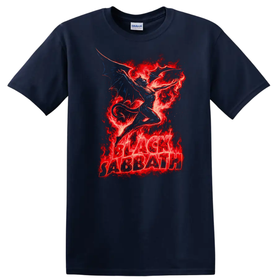 Black Sabbath Retro Heavy Metal Dragon Flames Album Cover T Shirt - Navy (Blue)