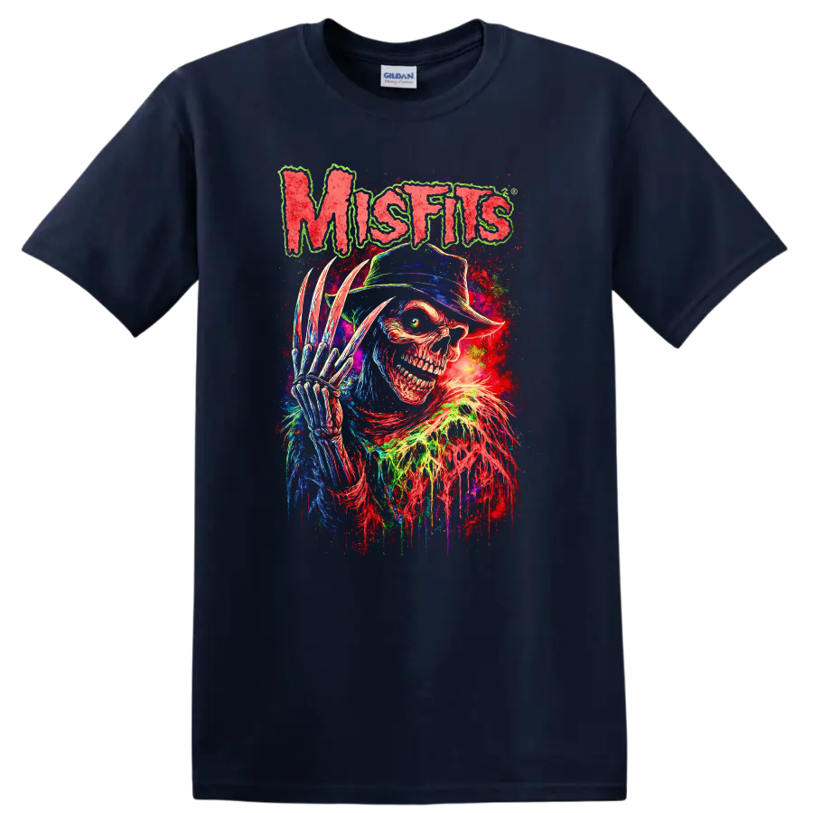 Misfits Neon Horror Skull Retro Rock Heavy Metal T Shirt - Navy (Blue)