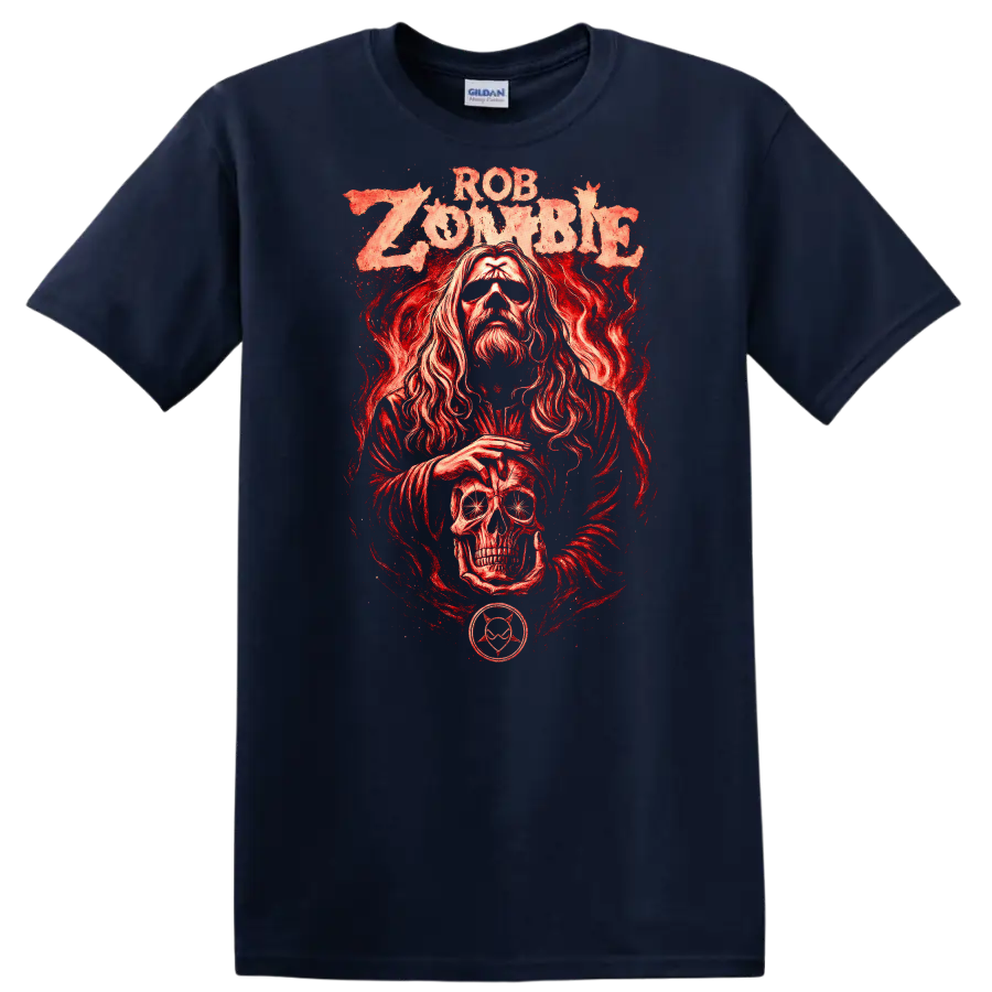 Rob Zombie Heavy Metal Album Art Style Red Graphic T Shirt - Navy (Blue)