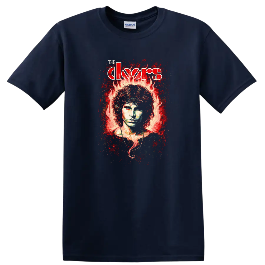 The Doors Retro Rock Flame Portrait Album Cover T Shirt - Navy (Blue)