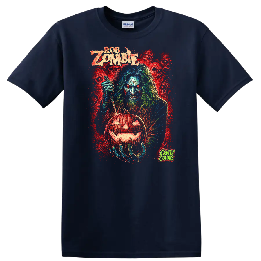 Retro Zombie Rock Legend Album Cover T Shirt Heavy Metal Horror Graphic - Navy (Blue)