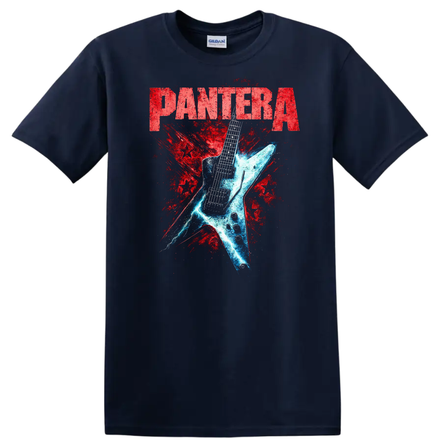Pantera Retro Heavy Metal Guitar Splash T Shirt - Navy (Blue)