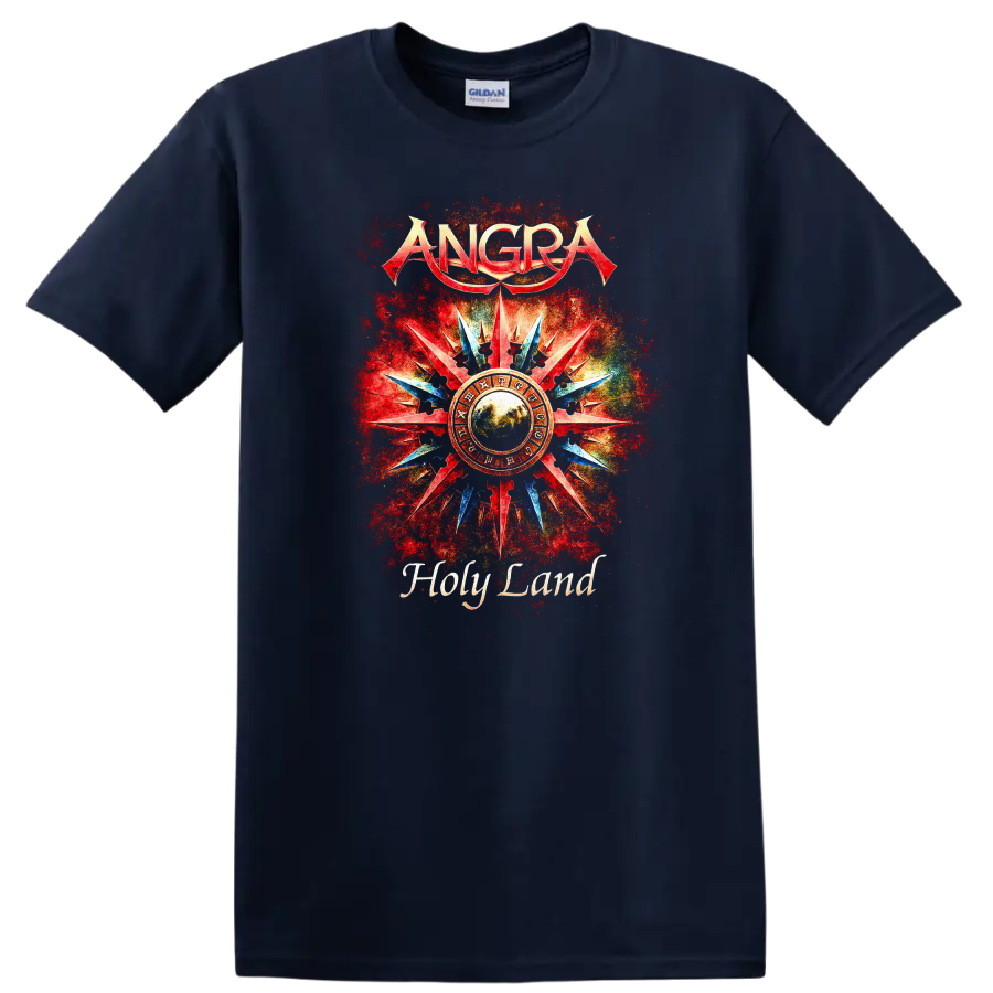 ANGRA Holy Land Retro Heavy Metal Album Art T Shirt - Navy (Blue)