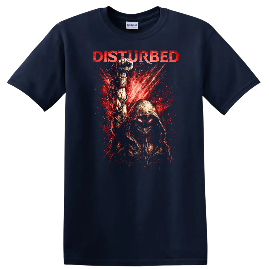 Disturbed Heavy Metal Band Style Graphic T Shirt Retro Rock Legend - Navy (Blue)