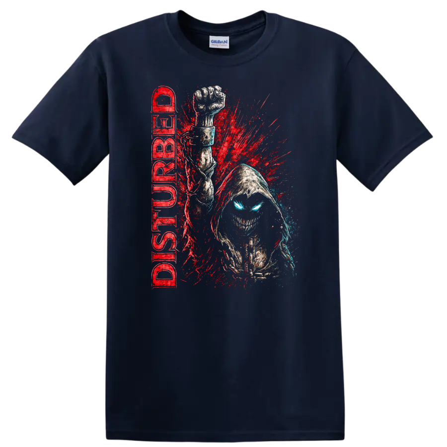 Disturbed Retro Heavy Metal Album Cover Style T Shirt for Rock Fans - Navy (Blue)