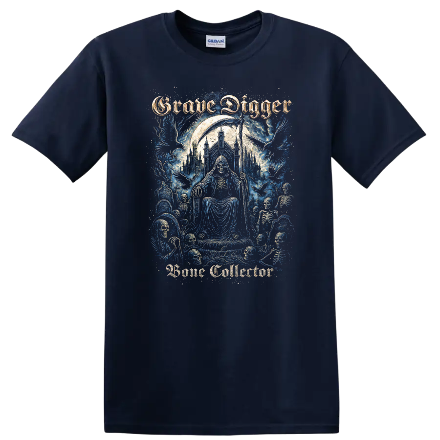 Grave Digger Gothic Skeleton Heavy Metal Band Style T Shirt - Navy (Blue)