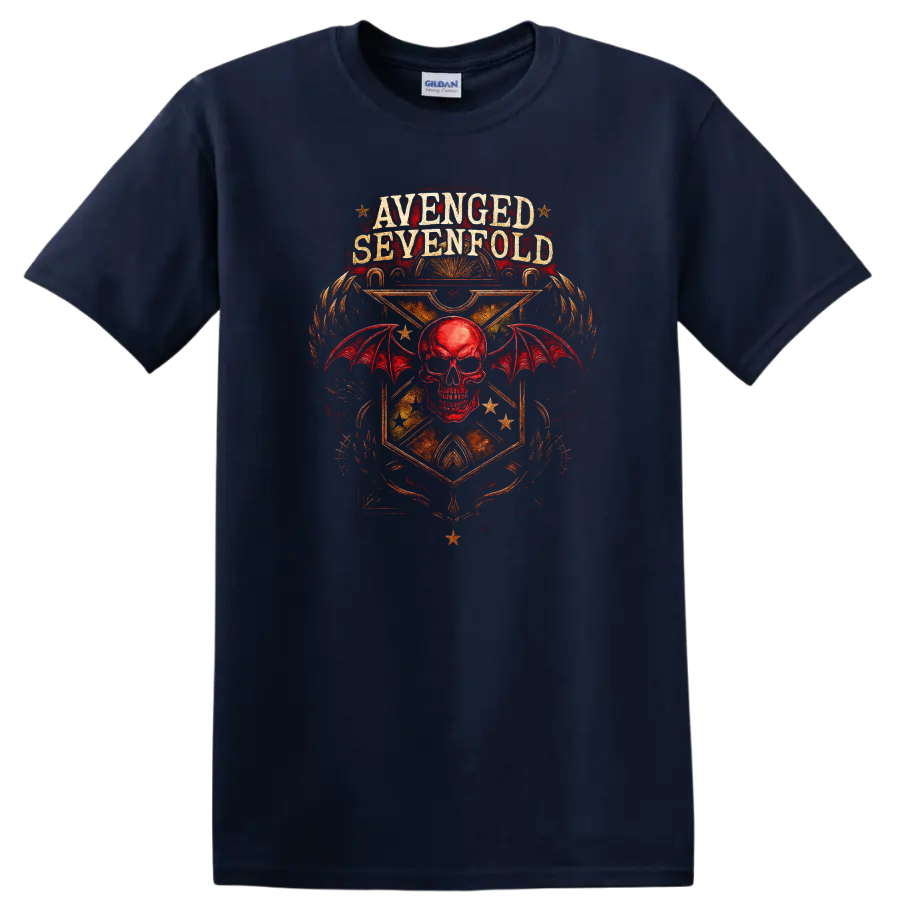 Avenged Sevenfold Retro Heavy Metal Skull Wings T Shirt - Navy (Blue)
