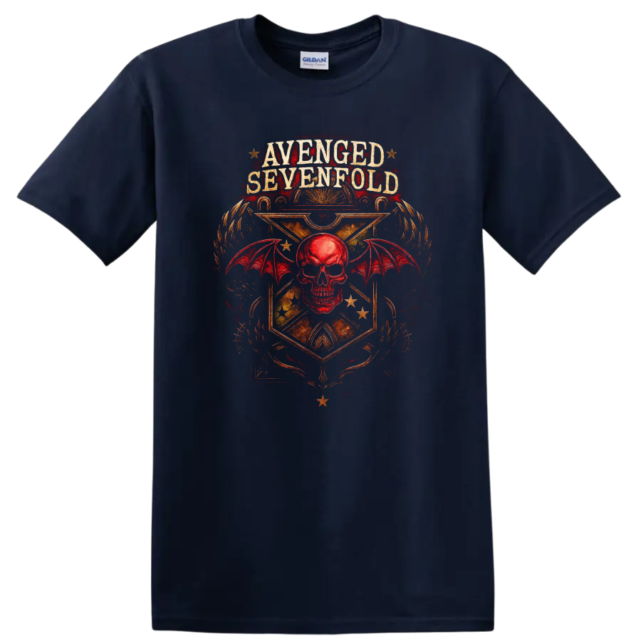 Avenged Sevenfold Retro Heavy Metal Skull Wings T Shirt on a Navy (Blue) T Shirt