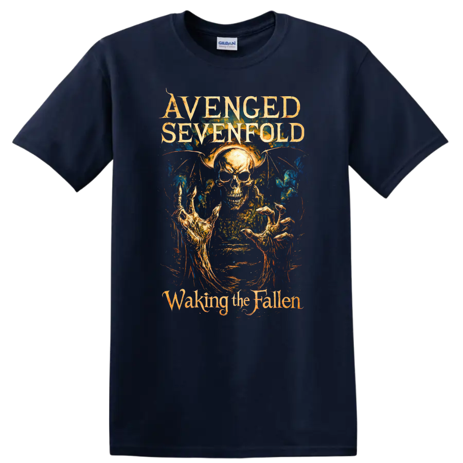 Avenged Sevenfold Waking the Fallen Retro Metal Album Art T Shirt on a Navy (Blue) T Shirt