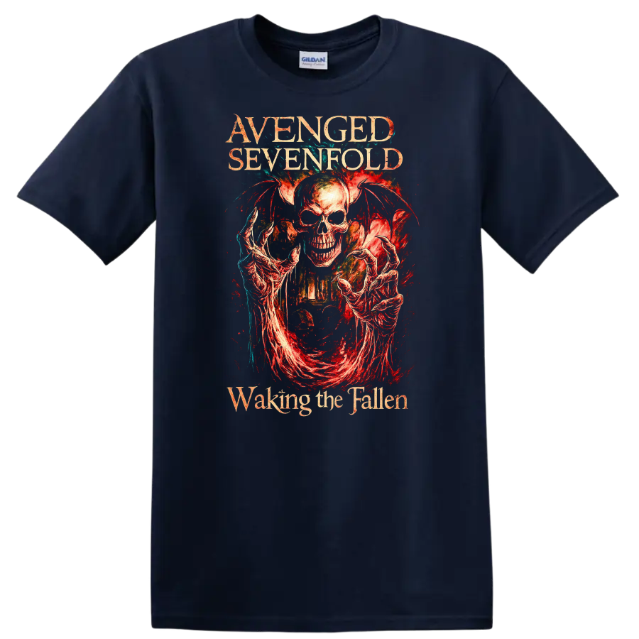 Avenged Sevenfold Retro Heavy Metal Skull Album Art T Shirt - Navy (Blue)