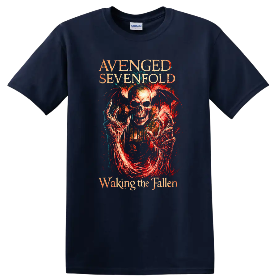 Avenged Sevenfold Retro Heavy Metal Skull Album Art T Shirt on a Navy (Blue) T Shirt