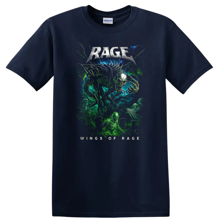 Rage Heavy Metal Album Cover Style Graphic T Shirt for Rock Fans - Navy (Blue)