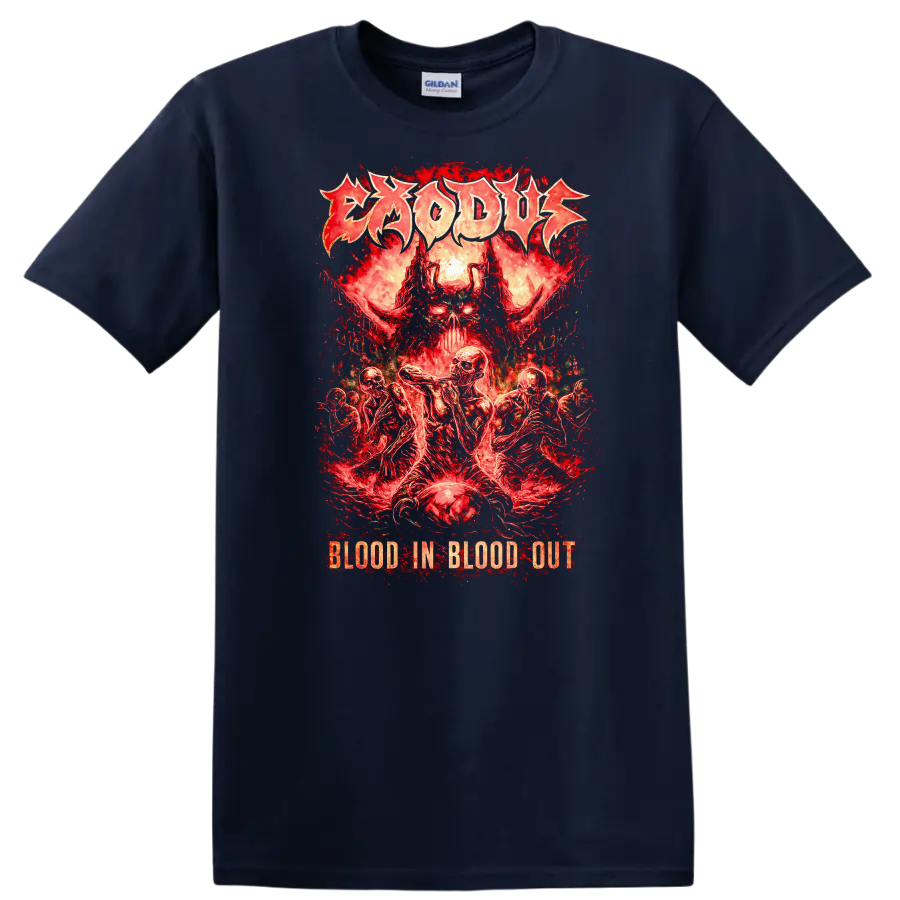 Blood In Blood Out Retro Heavy Metal Skull T Shirt - Navy (Blue)