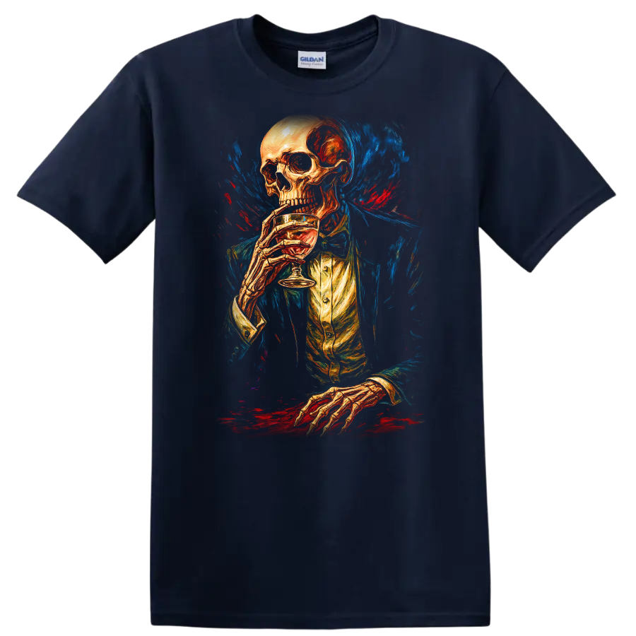 Vintage gothic skeleton in formal attire holding a drink amid blue and red painterly on a Navy (Blue) T Shirt