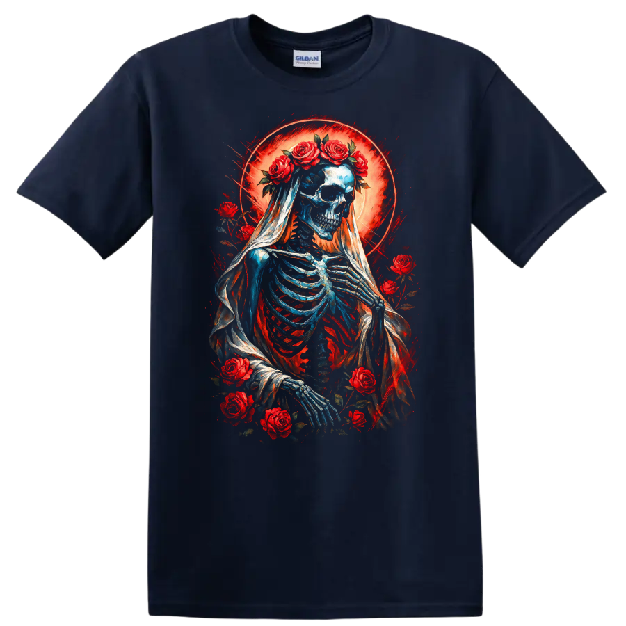 Vintage gothic skeleton bride in a veil with red roses and glowing red halo on a Navy (Blue) T Shirt