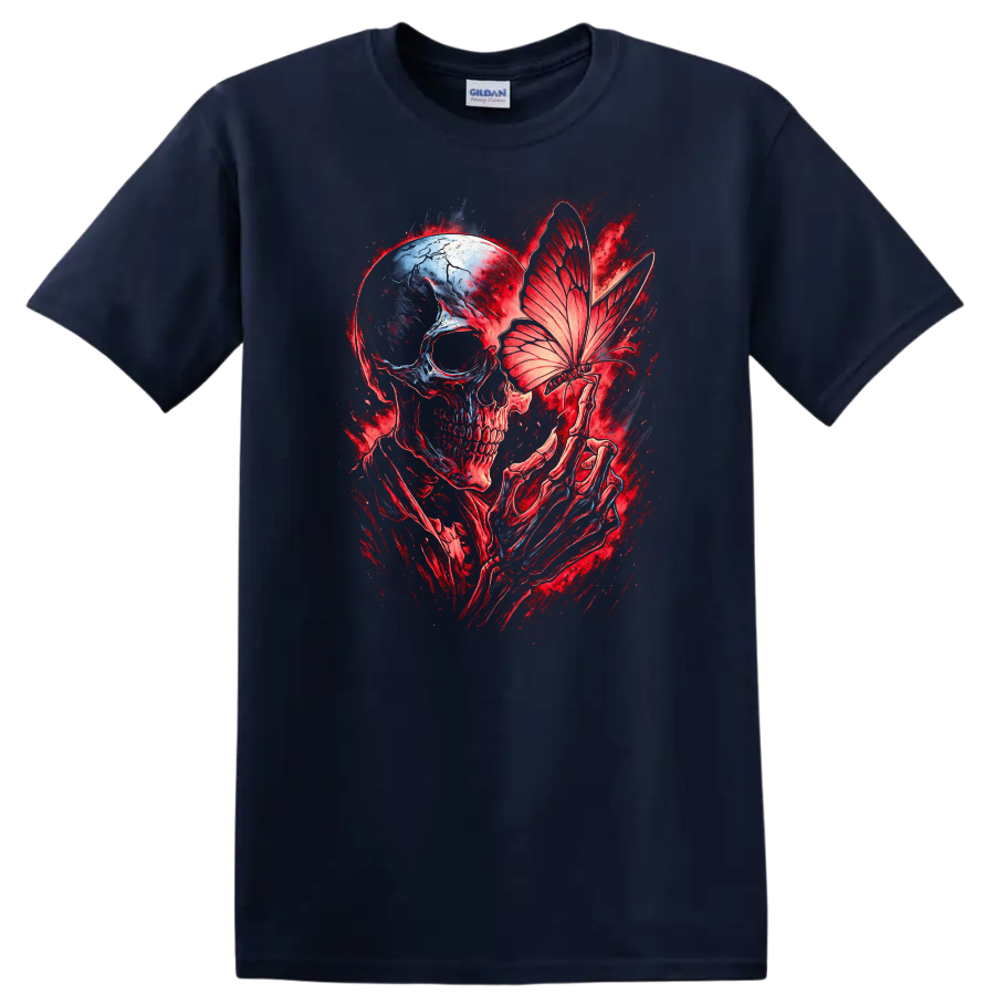 Gothic skull with skeletal hands holding a butterfly in red and blue dark art on a Navy (Blue) T Shirt