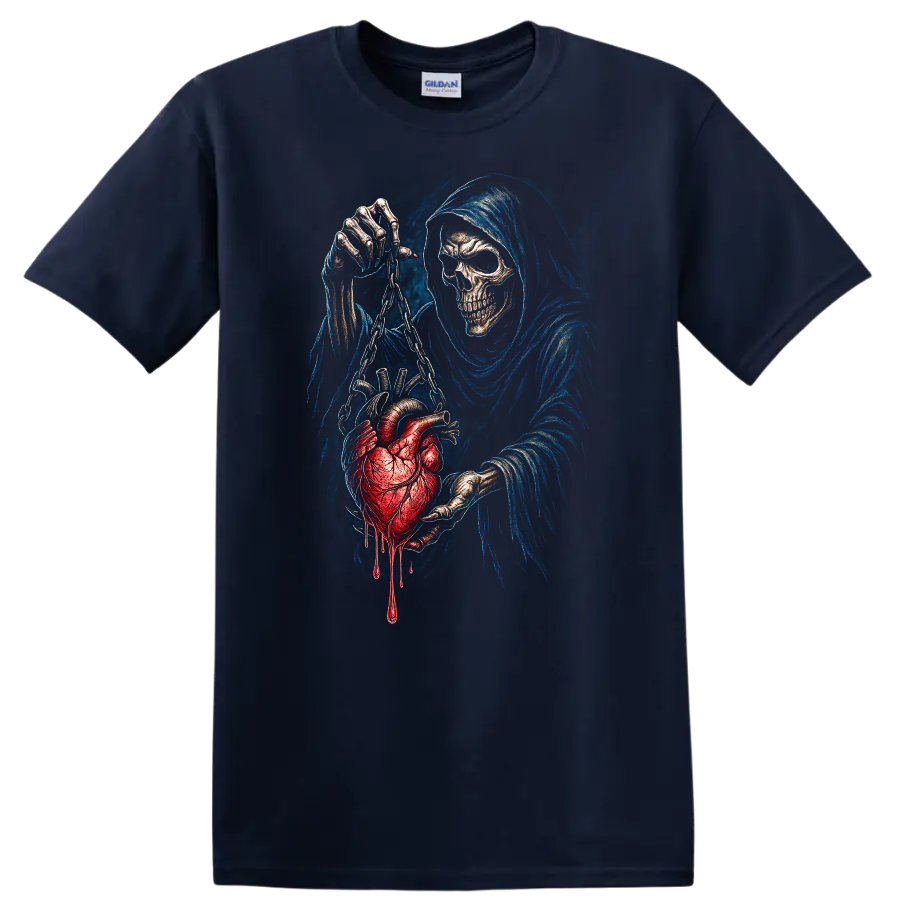 Grim Reaper skull holding a chained bleeding heart in detailed gothic horror art on a Navy (Blue) T Shirt