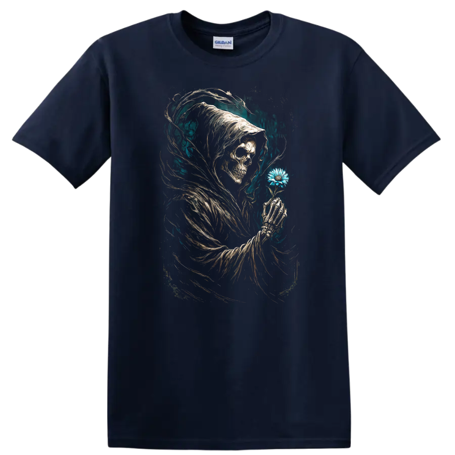 Hooded Grim Reaper skull holding blue flower in vintage gothic dark art on a Navy (Blue) T Shirt