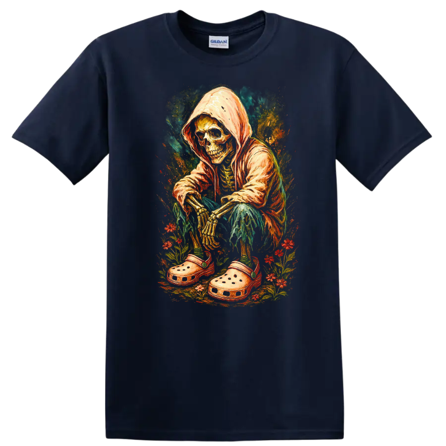 Vintage hooded skeleton in oversized clogs surrounded by colorful flowers on a Navy (Blue) T Shirt