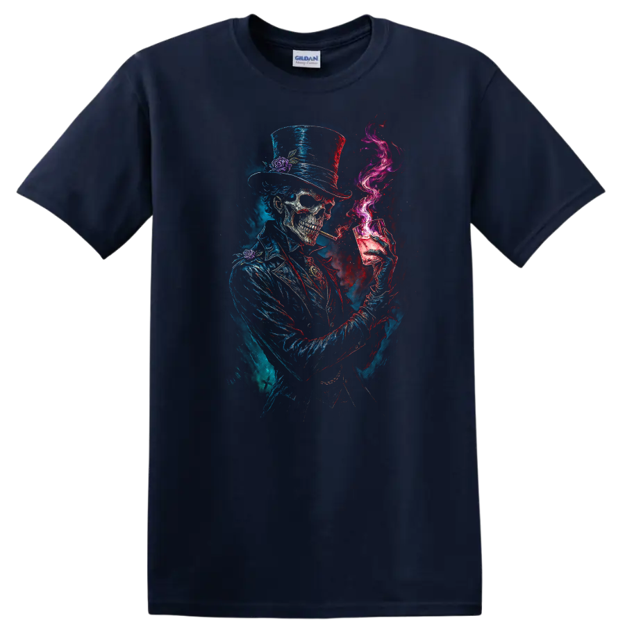 Gothic top-hat skeleton with cocktail glass, magenta smoke, and distressed skull art on a Navy (Blue) T Shirt