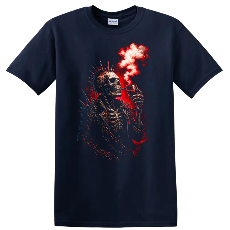 Spiked punk skeleton raising a cocktail amid red smoke in distressed gothic art on a Navy (Blue) T Shirt