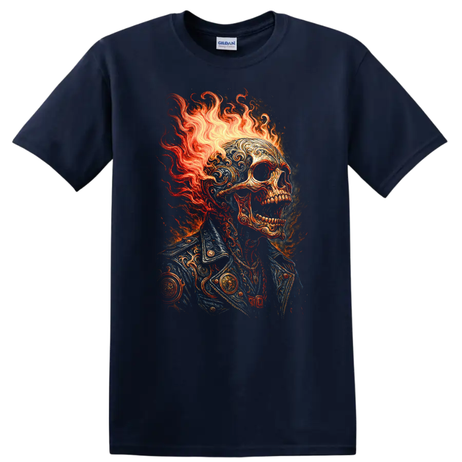 Flaming skull in ornate vintage jacket with gothic fire illustration on a Navy (Blue) T Shirt