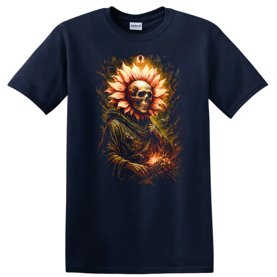 Gothic skeleton with flower-petal halo, fiery textures, and Omega symbol on a Navy (Blue) T Shirt