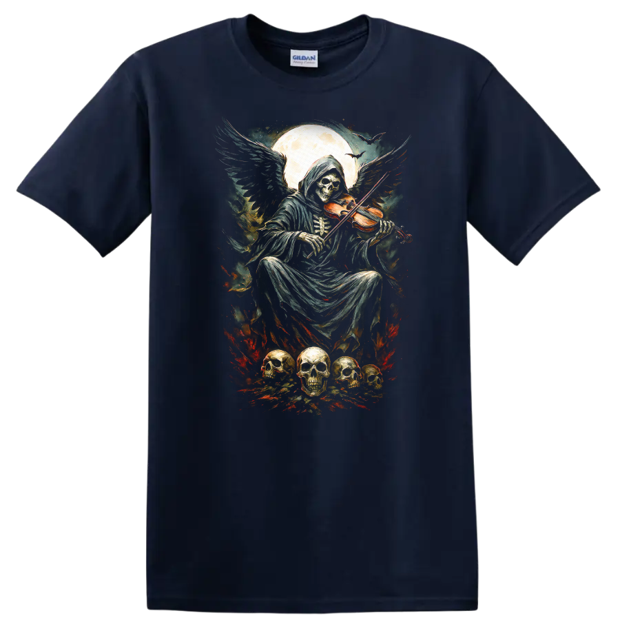 Vintage gothic Grim Reaper playing violin beneath moon with skulls and fiery accents on a Navy (Blue) T Shirt