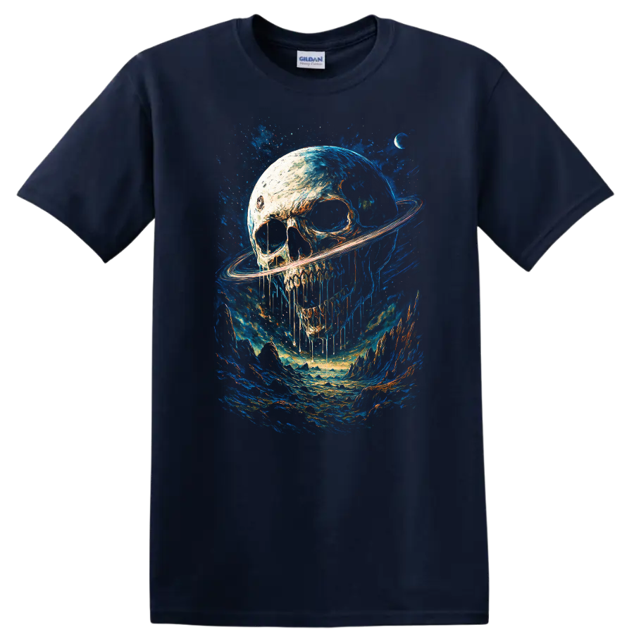 Gothic skull with Saturn-like ring in a vivid blue cosmic landscape on a Navy (Blue) T Shirt
