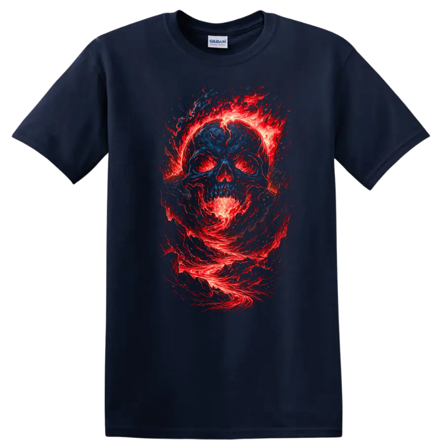 Distressed blue skull surrounded by swirling red flames in gothic horror art on a Navy (Blue) T Shirt