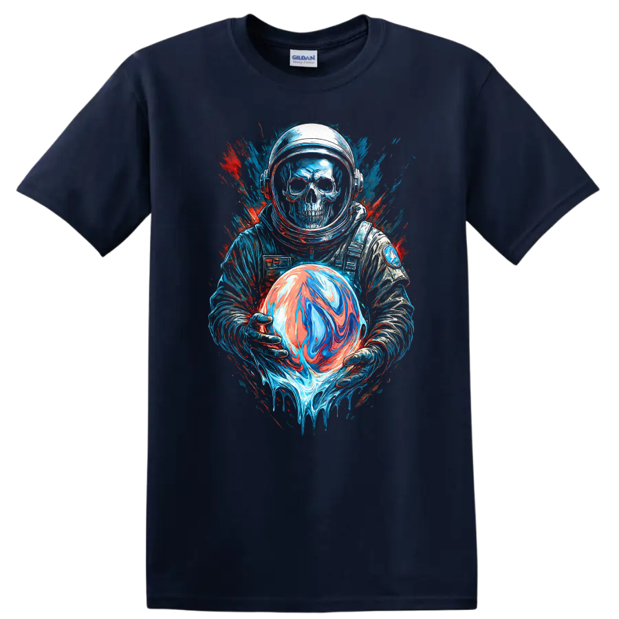 Gothic skull astronaut holding a swirling orb in neon space splatter art on a Navy (Blue) T Shirt