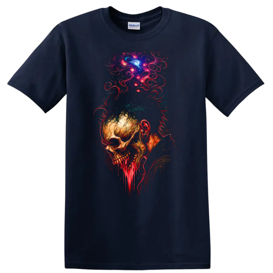 Decaying skull with dripping jaw and psychedelic cosmic smoke in gothic horror art on a Navy (Blue) T Shirt